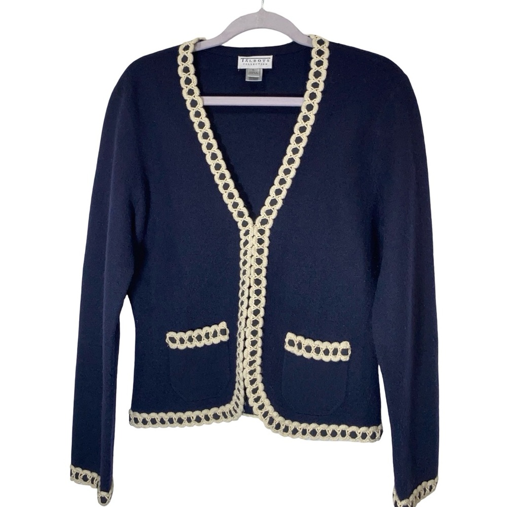 Vintage Talbots Collection 100% Wool Cardigan - Navy Blue with Cream Crochet‎